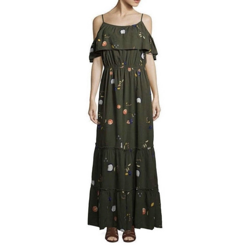 A.n.a. Hanna Floral Cold Shoulder Tiered Maxi Dress Womens XL Olive‎ Green